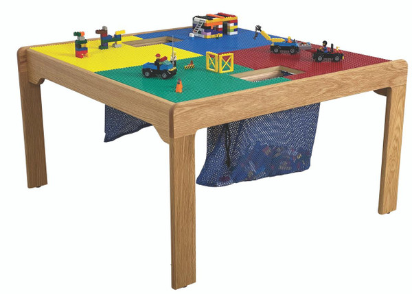 Synergy Management Fun Builder Wooden LEGO® Table - 32" x 32", wooden table with a colorful LEGO® setup including vehicles, animals, and accessories for kids' creative play.