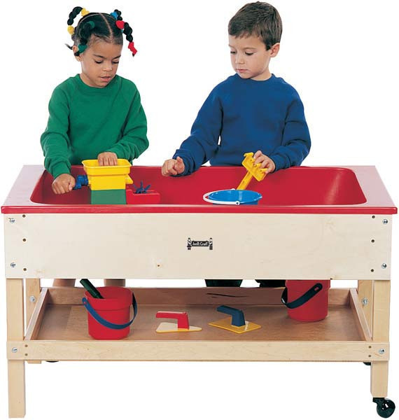 Jonti-Craft Children's Sensory Table with Shelf, two children playing with toys at the sensory table in a classroom setting.