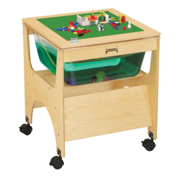 Jonti-Craft See-Thru Mini Wooden Sensory Table, wooden sensory table with a clear green plastic bin inside and a LEGO play area on top.