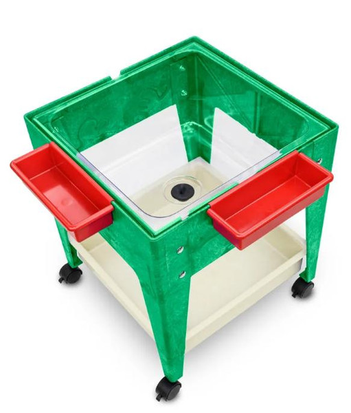 Childbrite Youth Clear-View Mobile Mite Sand & Water Table, a green and white mobile table with transparent viewing surface and red storage bins on sides.