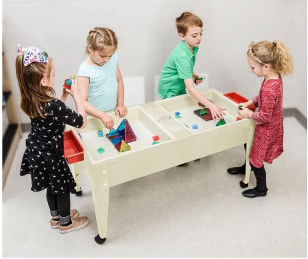 Childbrite Youth Double Mite Sand & Water Table, children playing and exploring with sand and water toys in a classroom or playroom setting.