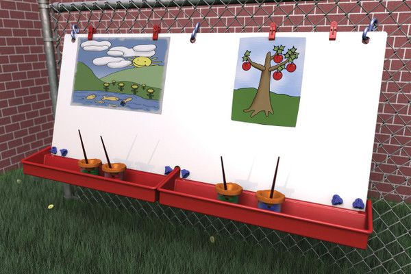 Childbrite Double Fence Children's Art Easel, outdoor art display with children’s artwork hanging on a whiteboard, mounted on a red fence with painting supplies below.