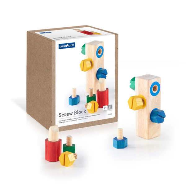 Guidecraft Screw Block Wooden Toy, educational wooden toy with colorful screws and blocks for kids.