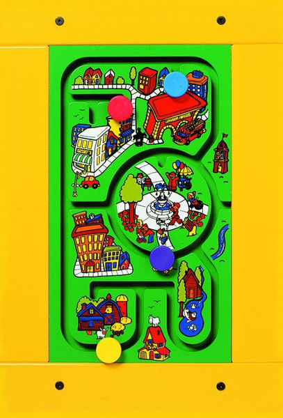 Playscapes Travel Town Activity Wall Panel, colorful interactive town-themed play panel for children with magnetic balls and illustrated city scenes.