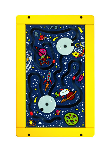 Playscapes Space Ship Activity Wall Panel, a colorful space-themed marble run game with planets, rockets, and stars on a blue background with a yellow border.