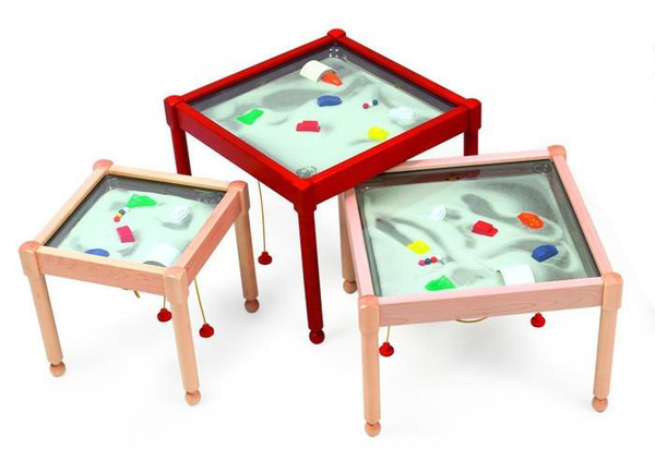 Playscapes Standard Square Magnetic Sand Table, three colorful wooden sand tables with glass tops filled with sand and magnetic toys for educational play.