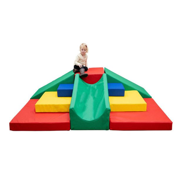 Children's Factory Highlands Soft Play Climber, colorful foam climbing and sliding play structure with a toddler sitting on top.
