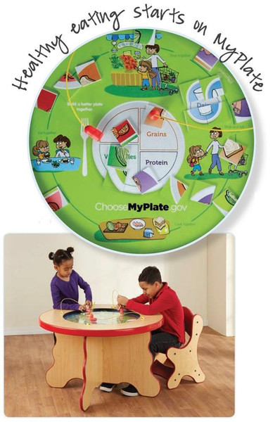 Playscapes MyPlate Magnetic Activity Table, children playing at a round interactive table with magnetic food and meal components.