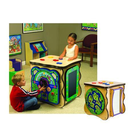 Playscapes Adventure Island Activity Cube, children playing with the colorful activity cube situated in a playroom with artwork on the walls.