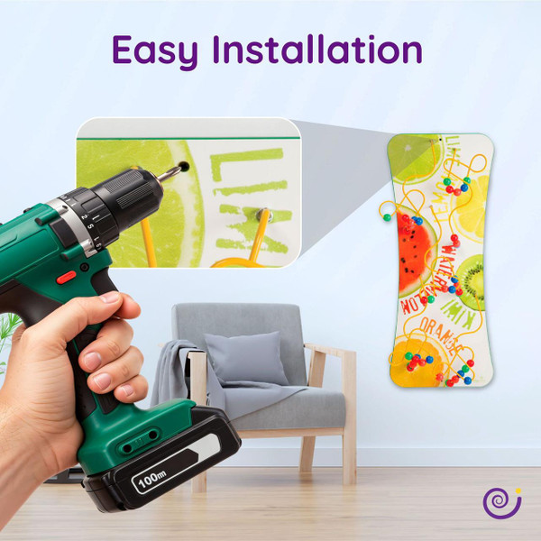 Playscapes Veggies Flip Wire & Bead Maze Wall Toy, colorful vegetable-themed bead maze on wall with easy installation, shown with a drill and wall background.