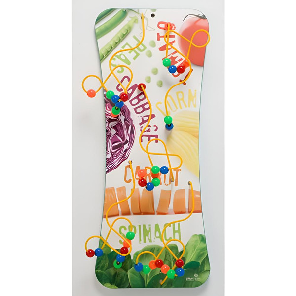 Playscapes Veggies Flip Wire & Bead Maze Wall Toy, colorful maze with orange wire, beads, and a vegetable-themed background.