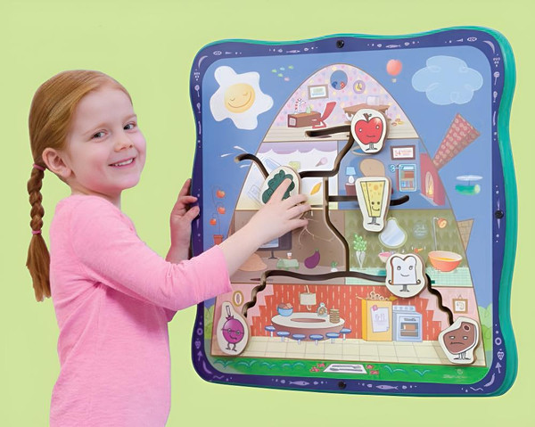 Playscapes Healthy House Activity Wall Toy, colorful interactive wall toy with various removable and slideable food and kitchen-themed pieces for children's play and development.