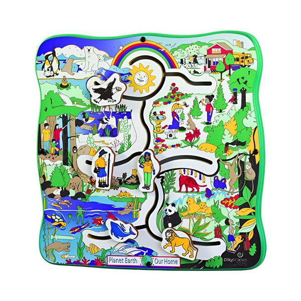 Playscapes Earth Journeys Wall Toy, colorful maze game illustrating various landscapes and animals in a playful and educational design.