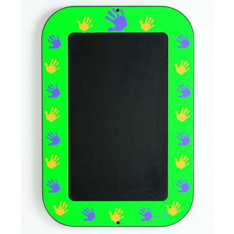 Playscapes Green Magic Hands Heat Sensitive Wall Panel, colorful hand prints border surrounding a black chalkboard surface.