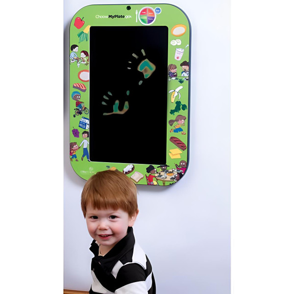 Playscapes MyPlate Magic Hands Heat Sensitive Wall Panel, interactive children’s wall panel with illustrations and a black interactive screen, designed for educational and entertainment purposes in a playroom or classroom setting.