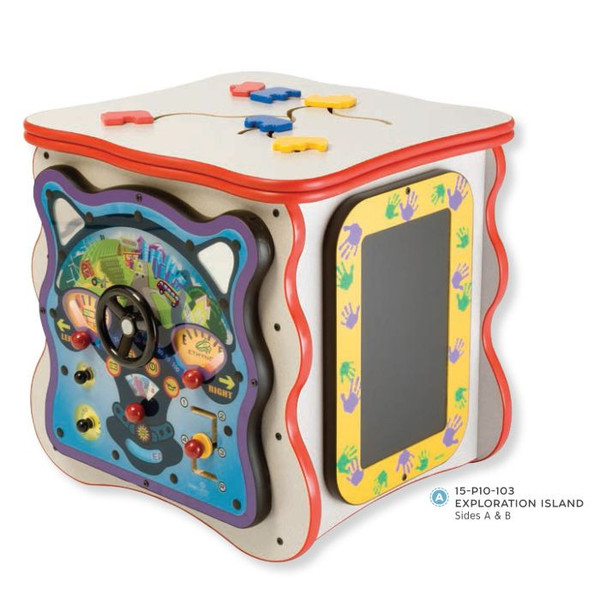 Playscapes Exploration Island Wooden Activity Cube, colorful wooden activity cube with interactive panels, steering wheel, and a chalkboard side for educational play.