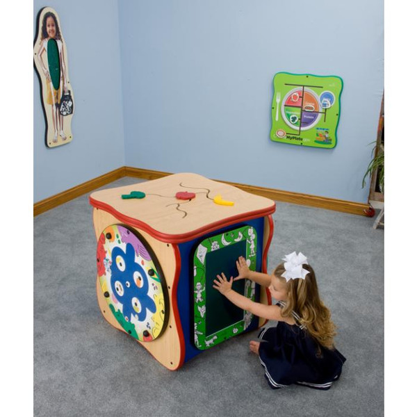 Playscapes Healthy Activity Island Play Cube, a colorful interactive educational toy for children featuring various textures and activities, in a playroom setting.