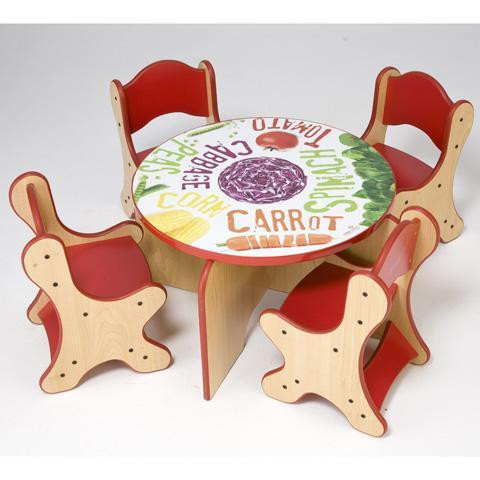 Playscapes Veggie Kids Table & Chairs Set, a children's table and chair set featuring a colorful vegetable-themed tabletop surrounded by four red and wooden chairs with animal-shaped legs.