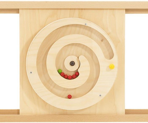 HABA Pro Turning Spiral Activity Sensory Wall Panel Toy, wooden spiral maze with colorful balls.