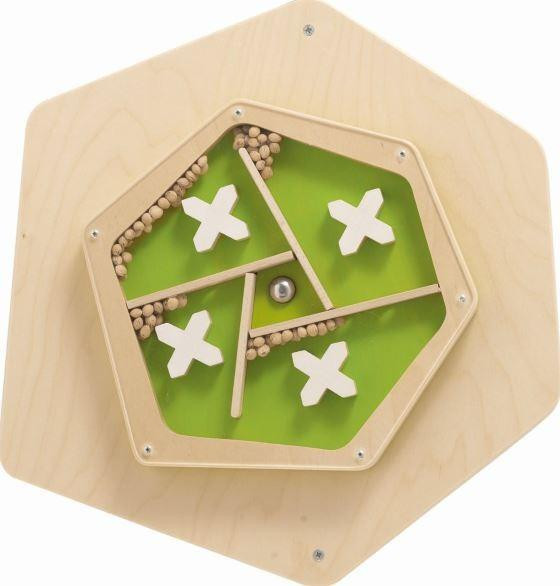HABA Pro Grow.upp Stones Sensory Activity Wall Panel, wooden sensory wall with tic-tac-toe game and green background, designed for children's sensory development.