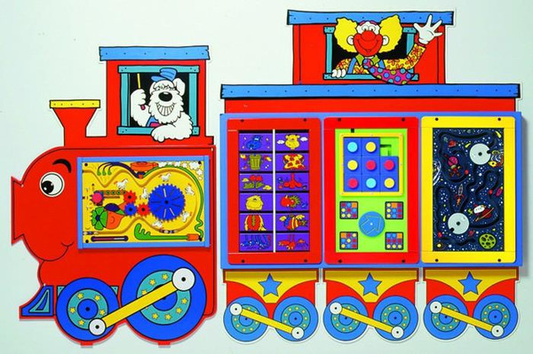 Playscapes Locomotive Train and Caboose Activity Wall Panel Center, colorful train-themed activity wall with cheerful clown and dog characters, featuring various interactive toys and buttons for children's play and development.