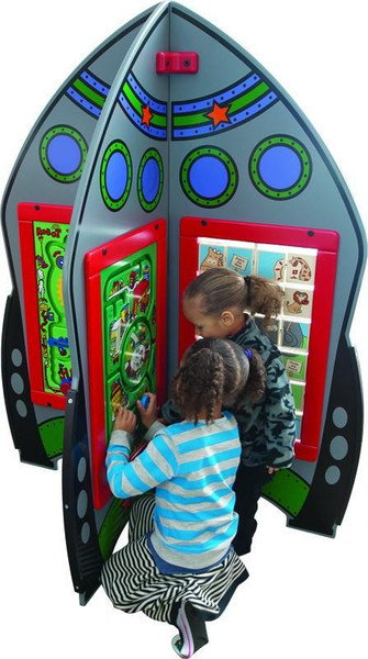 Playscapes Rocket Ship Activity Center, children playing with interactive educational panels inside a rocket-shaped play structure.