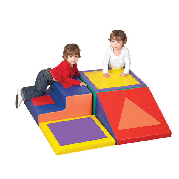 Children's Factory Shape and Play Foam Climbing Blocks, colorful foam climbing playset with three children engaging in climbing and play activities.
