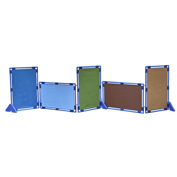 Children's Factory Woodland Rectangular Play Panels - Set of 5, colorful rectangular play panels in blue, green, brown, and tan, connected with a blue frame for children's indoor or outdoor play areas.