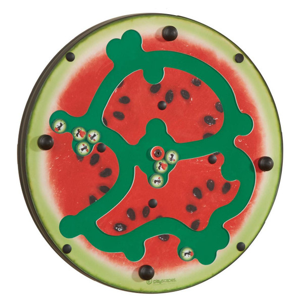 Playscapes Watermelon Picnic Wall Toy, a colorful watermelon-themed interactive wall game with green and red parts and small balls that can be moved around for play.