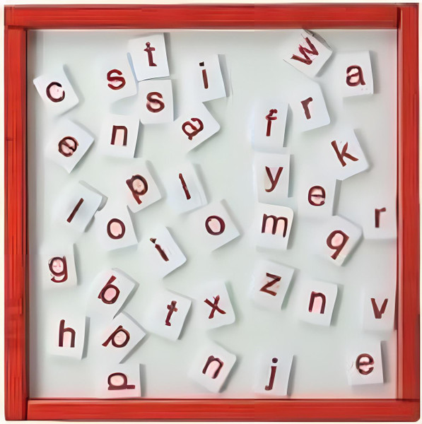 Playscapes Letters Magnetic Educational Wall Activity, image of magnetic alphabet letters scattered on a whiteboard with a red frame.