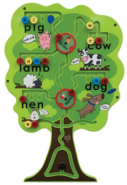 Playscapes Alphabet Tree Activity Wall Panel, colorful educational toy with alphabet letters, animal illustrations, and interactive features for early childhood learning.