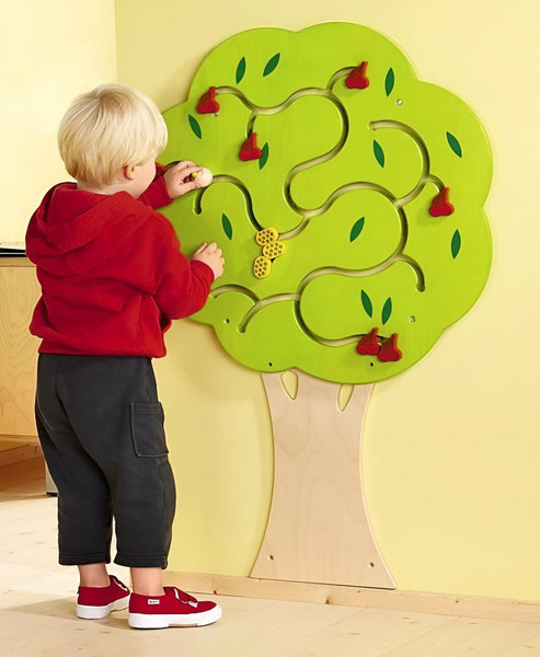 HABA Pro Cherry Tree Interactive Wall Decor, children engaging with a green cherry tree wall mounted decor for interactive play.