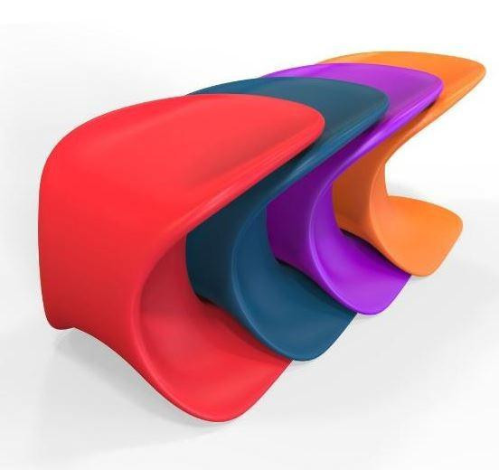 Playscapes Children's Eco Drift Seating, colorful organic-shaped seating benches in red, blue, purple, and orange arranged in a row.