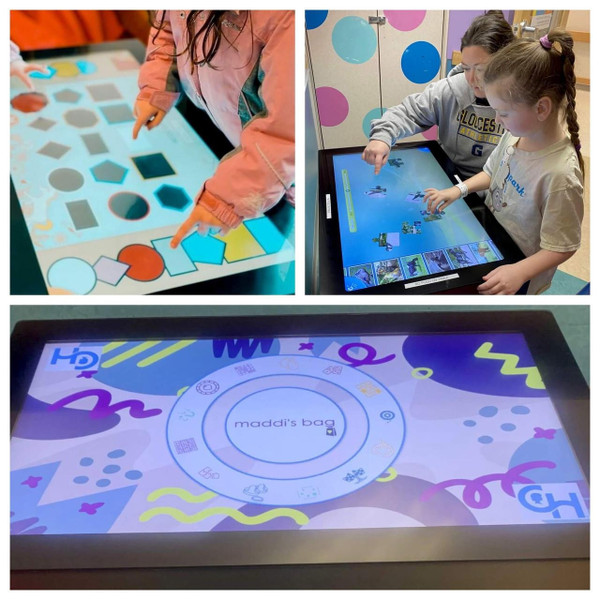 After Mouse Interactive Play Touch Table with Custom Company Logo, children engaging with the touchscreen educational game in different settings.