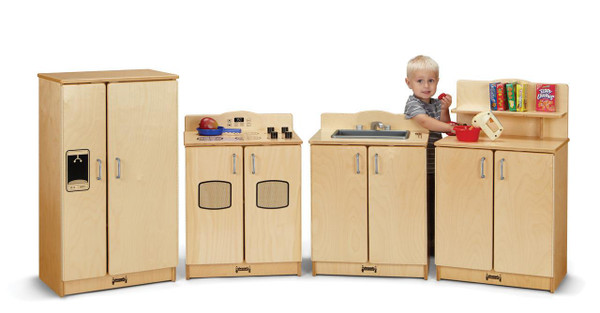 Jonti-Craft Culinary Creations Children's Kitchen Play Set - 4pcs, wood toy kitchen set with cabinets, stove, sink, and a child playing with toy food and utensils.