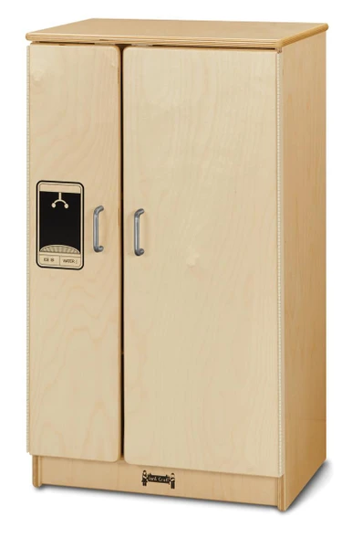 Jonti-Craft Culinary Creations Children's Kitchen Play Set - 3pcs, wooden toy kitchen cabinet with two doors and a water and ice dispenser graphic.