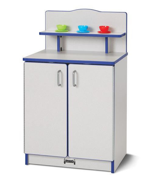 Jonti-Craft Culinary Creations Play Kitchen Cupboard - Rainbow Accents, children's play kitchen with colorful bowls on top and a white and blue cupboard.