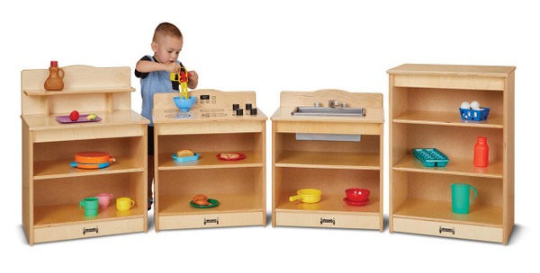Jonti-Craft Toddler Kitchen Play Set - 4 Pieces, wooden toy kitchen set with play food and accessories for children.