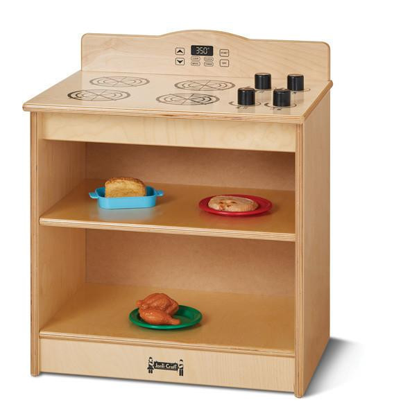 Jonti-Craft Toddler Kitchen Toy Stove, wooden toy stove with four burners, digital control panel, and three shelves with toy food items.