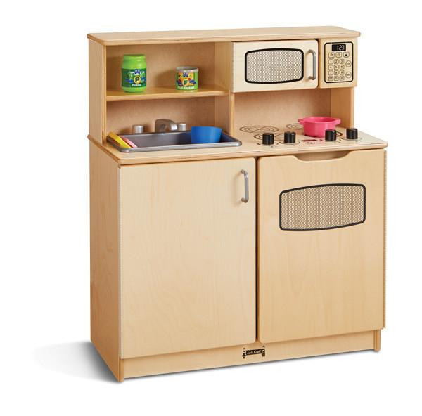 Jonti-Craft Chef’s Wooden Play Kitchen, a child's wooden play kitchen with stove, microwave, and storage cabinets, featuring toy kitchen accessories like pots and dishes.