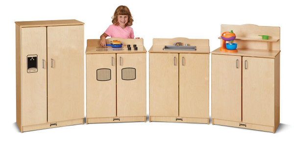 Jonti-Craft Culinary Creations School Age Kitchen Set - 4 Pieces, wooden kids' play kitchen set with stove, sink, oven, and storage cabinets, designed for children to role-play cooking and kitchen activities.