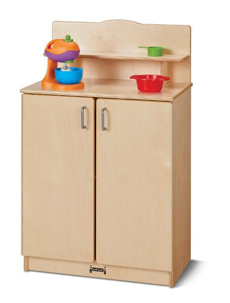Jonti-Craft Culinary Creations School Age Wooden Play Kitchen Cupboard, wooden play kitchen with colorful toy cooking utensils and food items on top.
