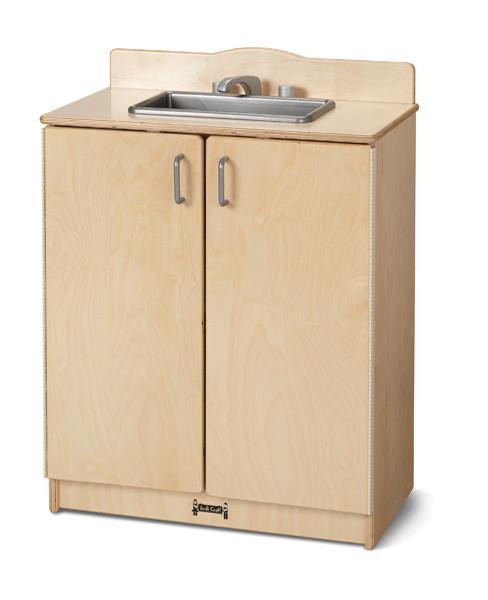 Jonti-Craft Culinary Creations School Age Kitchen Play Sink, wooden pretend play kitchen with a stainless steel sink and cabinet doors.