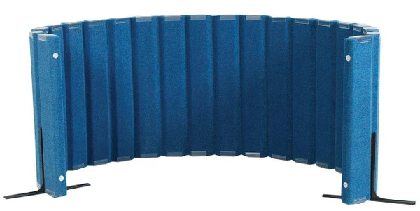 Angeles Quiet Sound Proof Panel Wall Divider 30" x 10' in blue, showing a curved, foldable acoustic wall with three color options.
