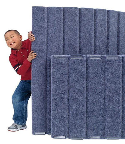 Angeles Quiet Sound Proof Panel Wall Divider 30" x 6' - 3 Colors, blue soundproof panel with child peeking behind