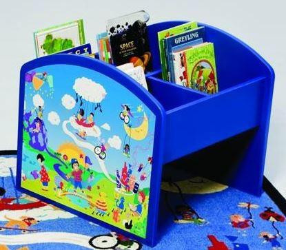 Playscapes Harmony Park Kinderbox Book & Media Browser Bin, blue kid's storage organizer with colorful park scene design on the side and books inside.