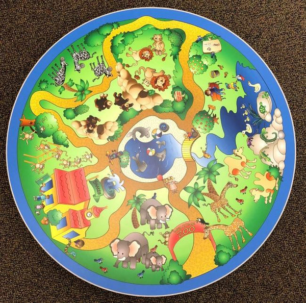 Playscapes Safari Adventures Children's Play Table, colorful animal-themed children’s play mat with safari animals, trees, and a zoo scene.