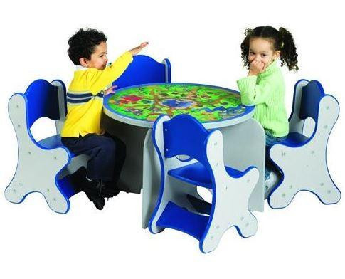 Playscapes Animal Families Speckletone Play Table, colorful children's play table with animal family-themed design and four matching chairs.