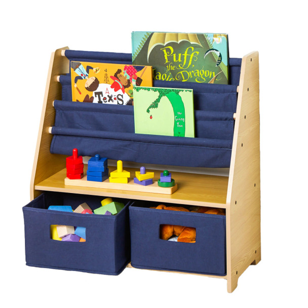 Wildkin Sling Kids Bookshelf w/ Storage - Natural w/ Blue Canvas - BAR00011