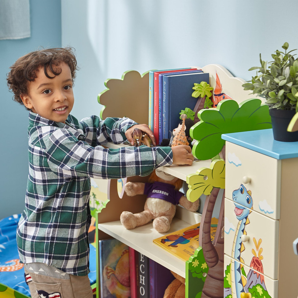 Fantasy Fields Dinosaur Kingdom Bookshelf with Storage Drawer with boy